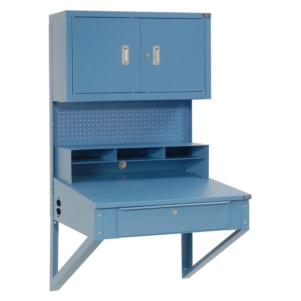 Global Industrial Shop Desk Wall Mount w/Pigeonhole Compartments and Cabinet Riser, 34-1/2W x 30D x 61H, Blue 249691